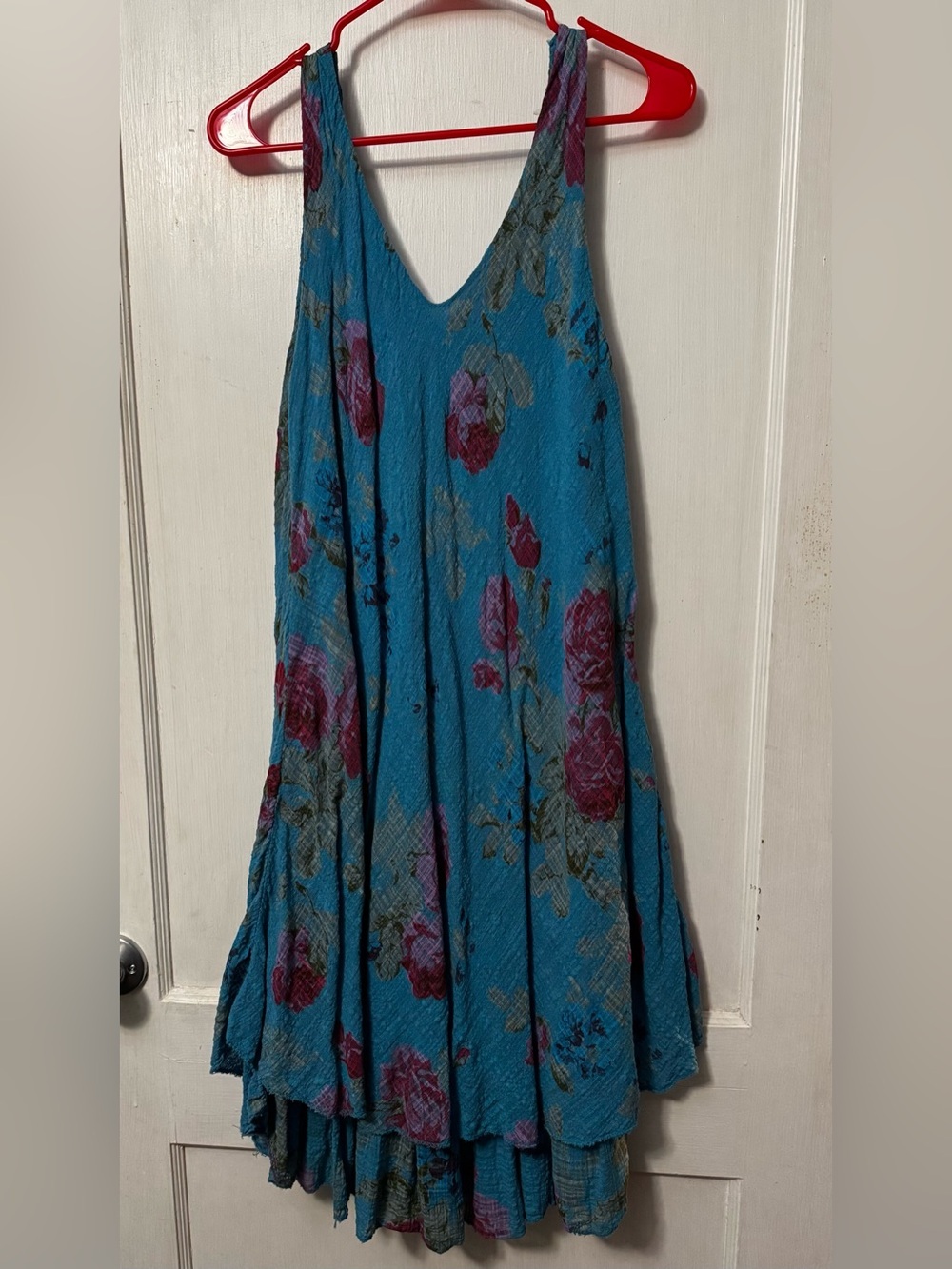 Blue Floral V-Neck Sundress with Pink Rose Print